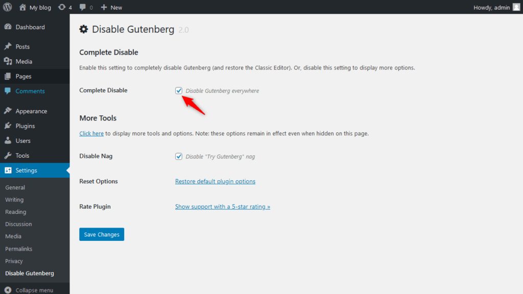 'Disable Gutenberg' plugin advanced option 'Disable Gutenberg everywhere'