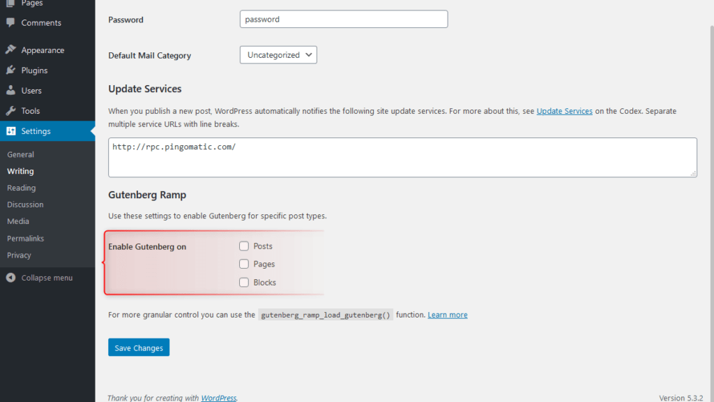 Enable Gutenberg editor on specific post types using 'Gutenberg Ramp' plugin