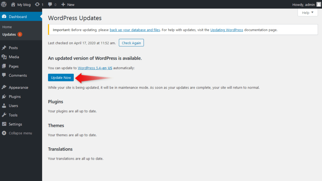 WordPress Update button
