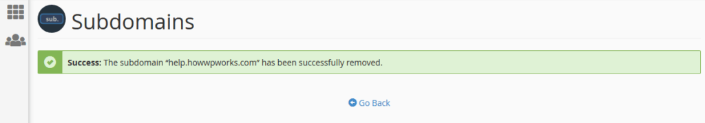 Success messgae after deletion of subdomain