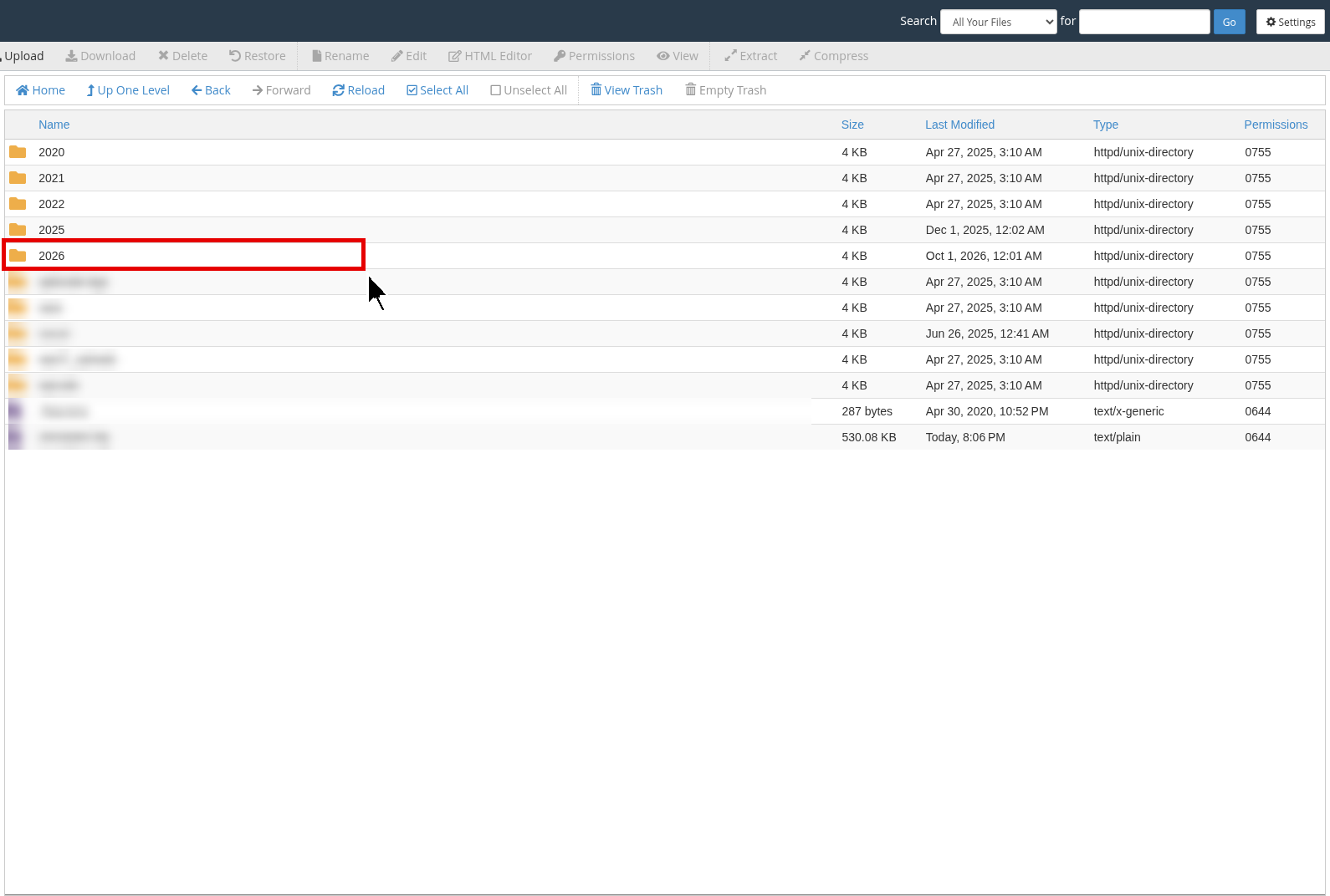 cPanel File Manager wp-content uploads folder showing year folders to check for suspicious PHP files
