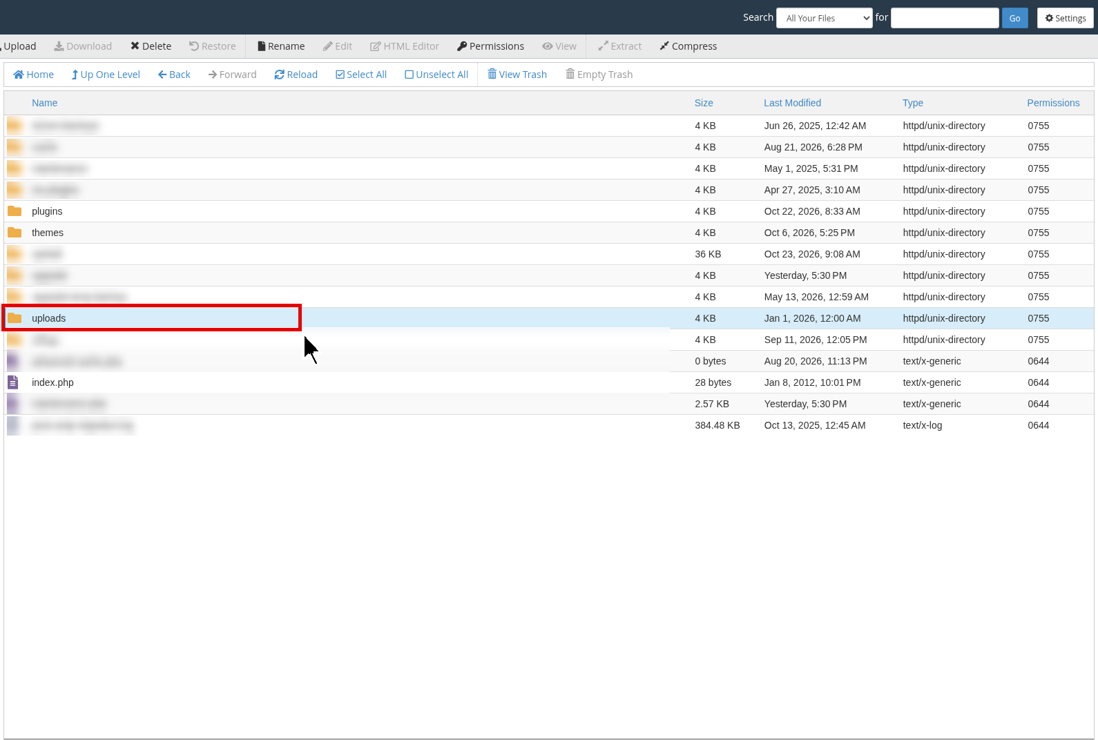 cPanel File Manager wp-content folder with the uploads folder highlighted