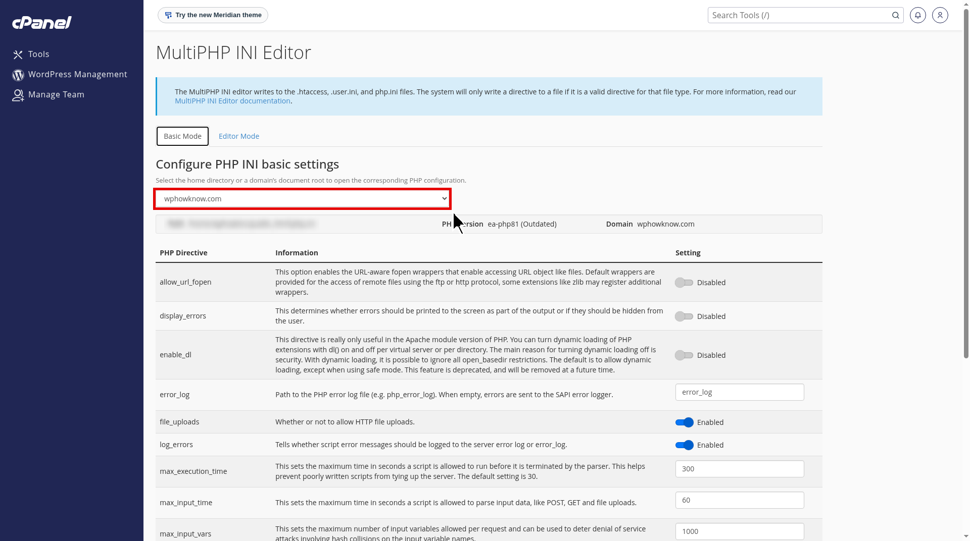 cPanel MultiPHP INI Editor Basic Mode with the domain location dropdown highlighted