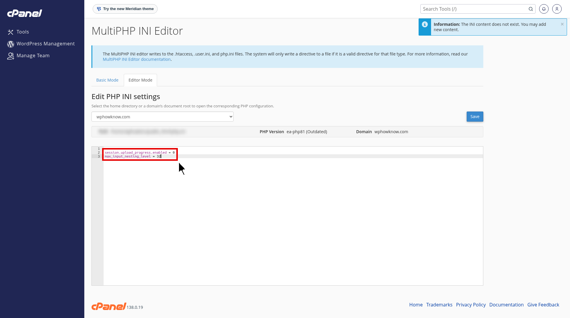 cPanel MultiPHP INI Editor with the Editor Mode tab highlighted to add PHP2Shell mitigation settings