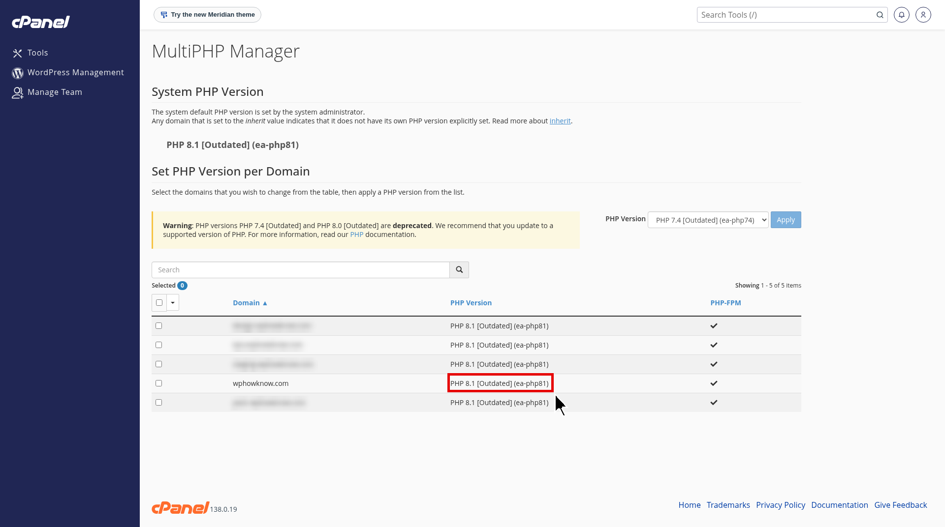 cPanel MultiPHP Manager domain list showing the current PHP version of a WordPress site