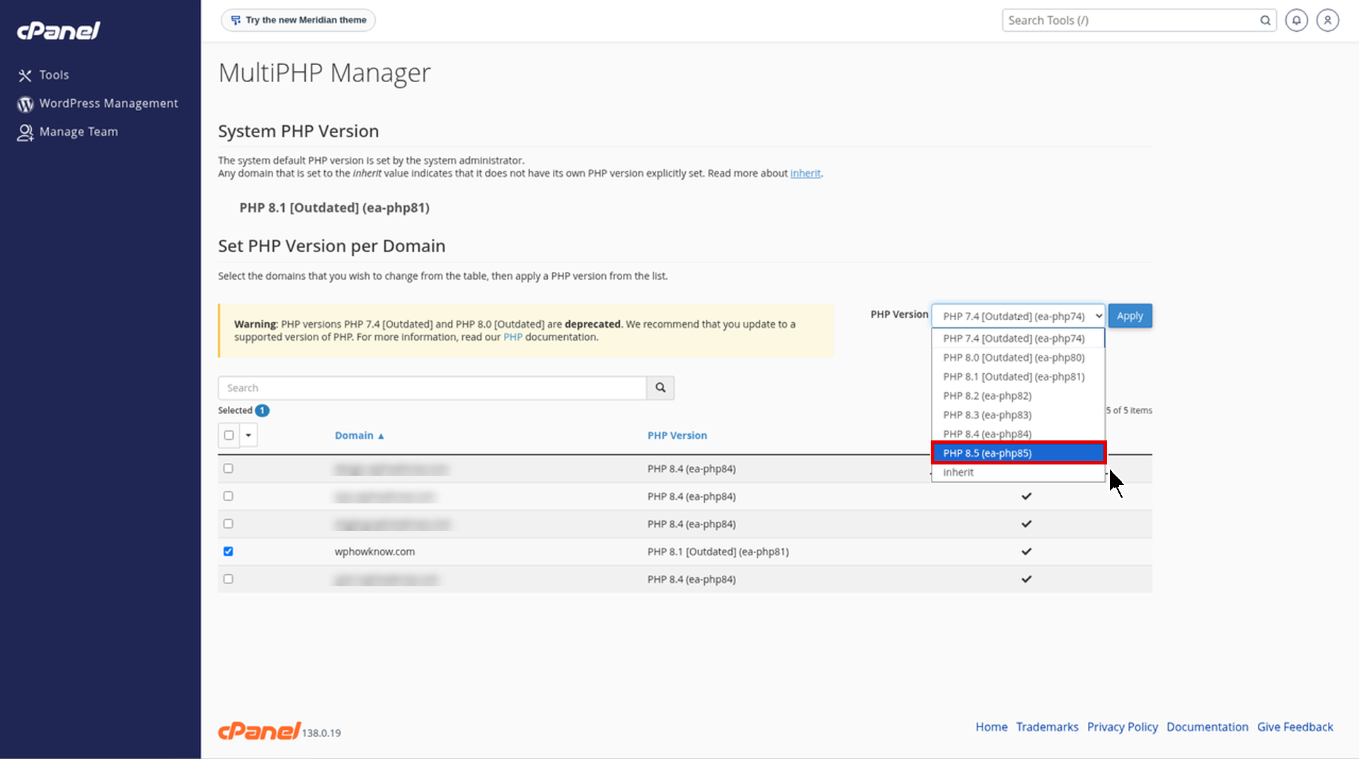 cPanel MultiPHP Manager PHP version dropdown with PHP 8.5 selected for a WordPress domain