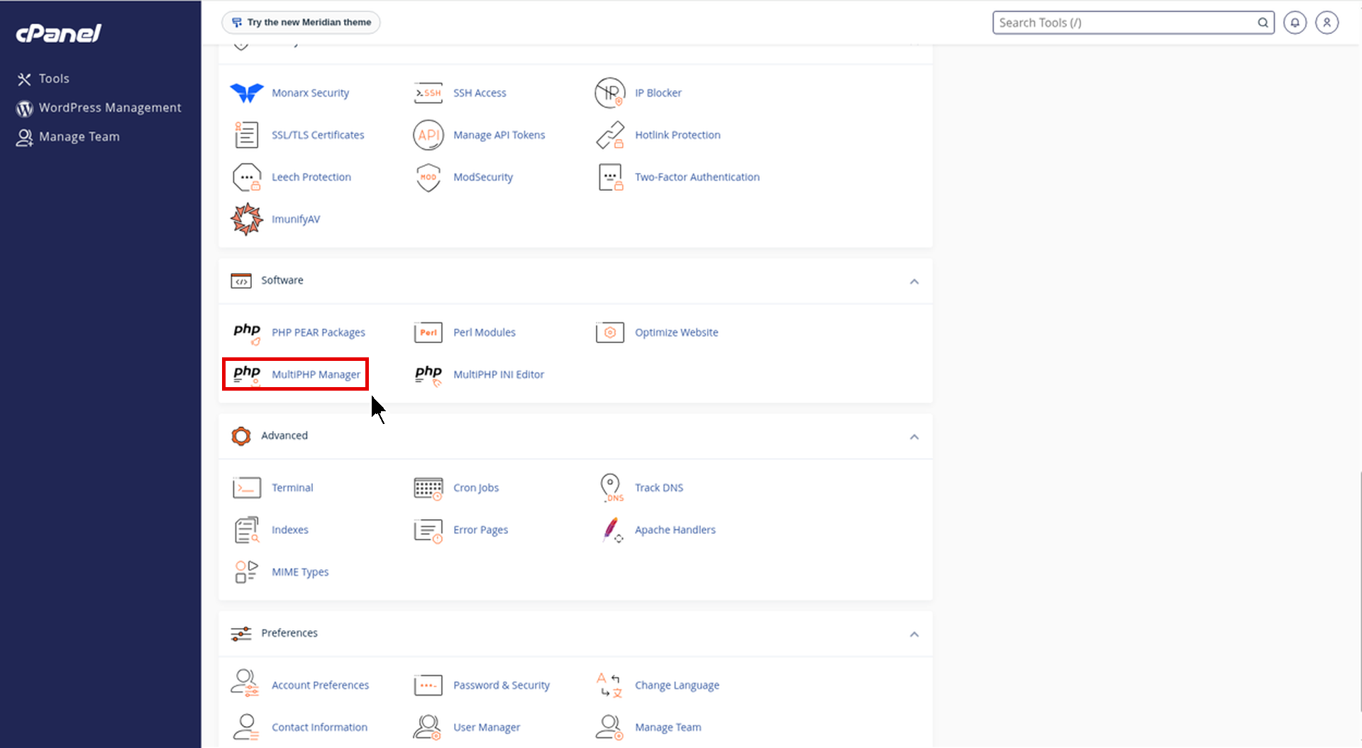 cPanel Software section with the MultiPHP Manager icon highlighted