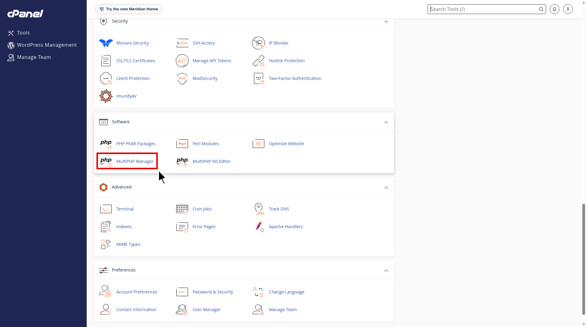 cPanel Software section with MultiPHP Manager highlighted