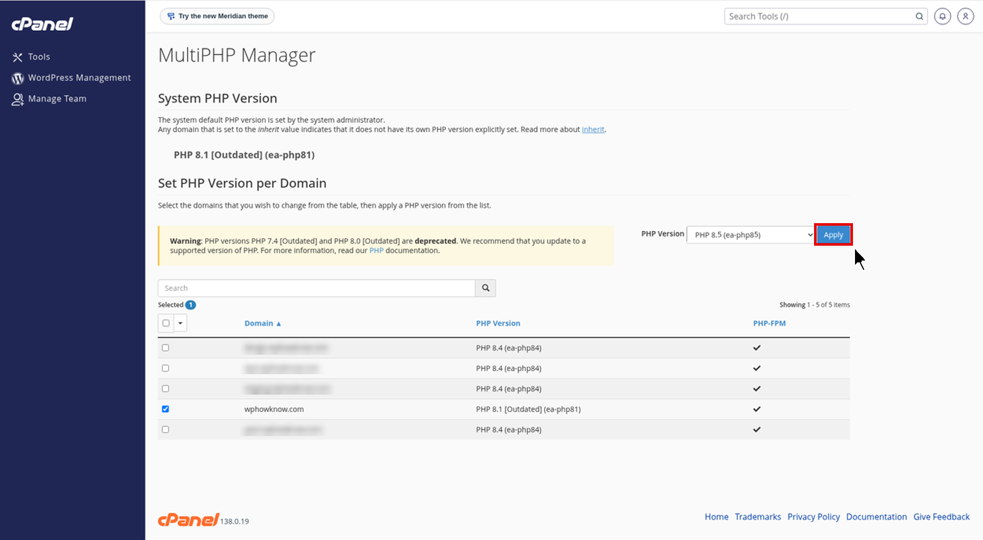 MultiPHP Manager Apply button highlighted after selecting the new PHP version