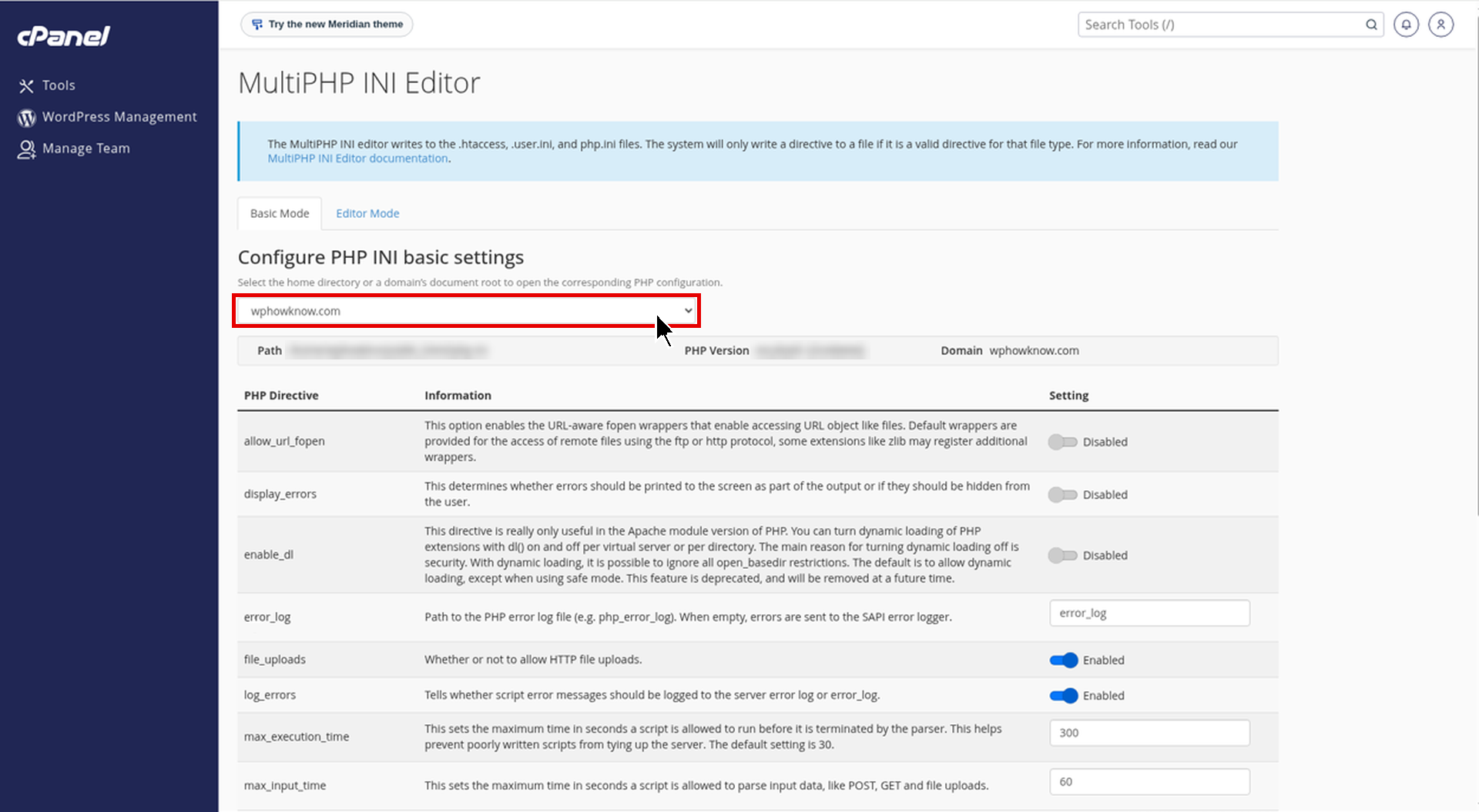 cPanel MultiPHP INI Editor Basic Mode with the wphowknow.com domain selected