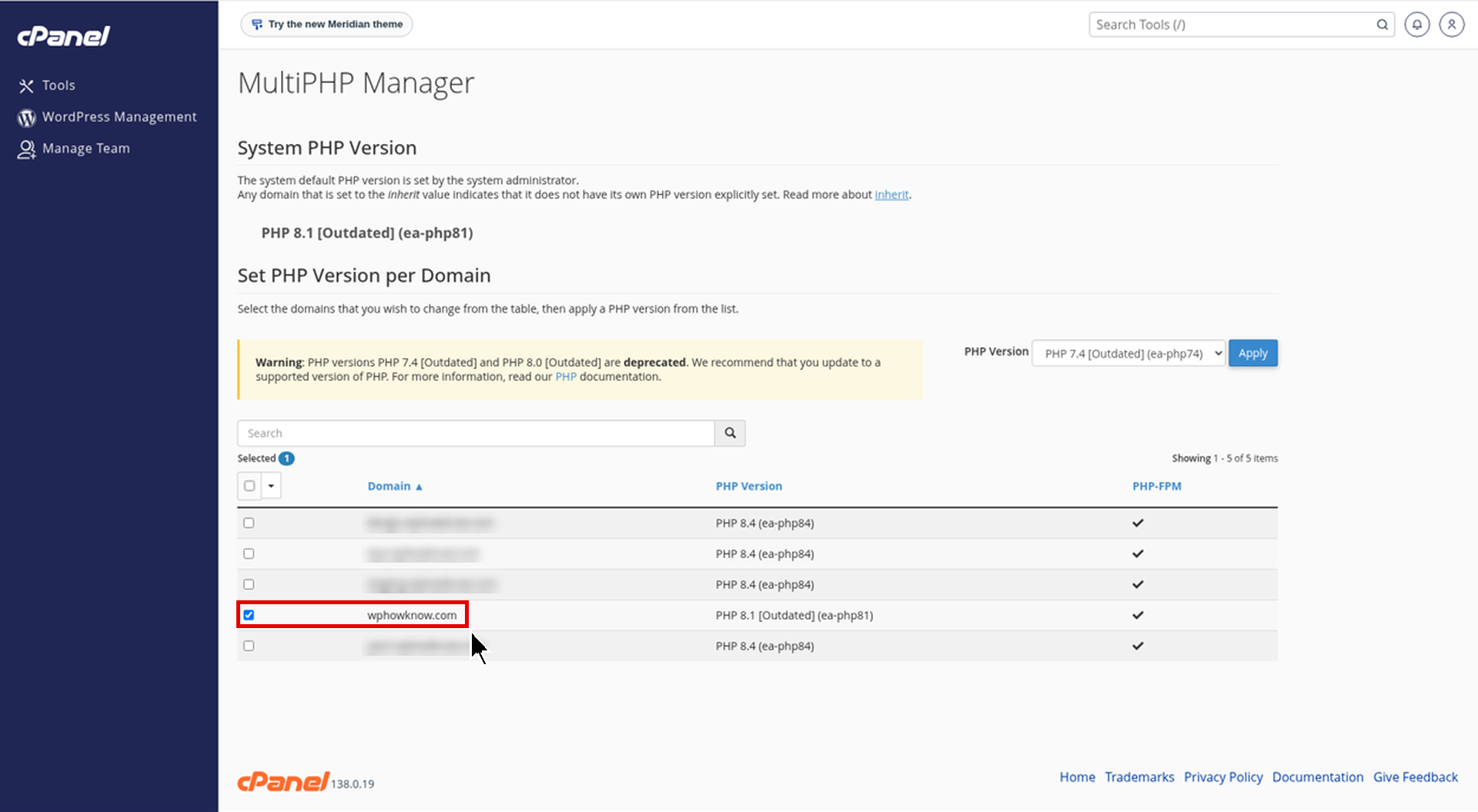 cPanel MultiPHP Manager with the wphowknow.com domain checkbox ticked