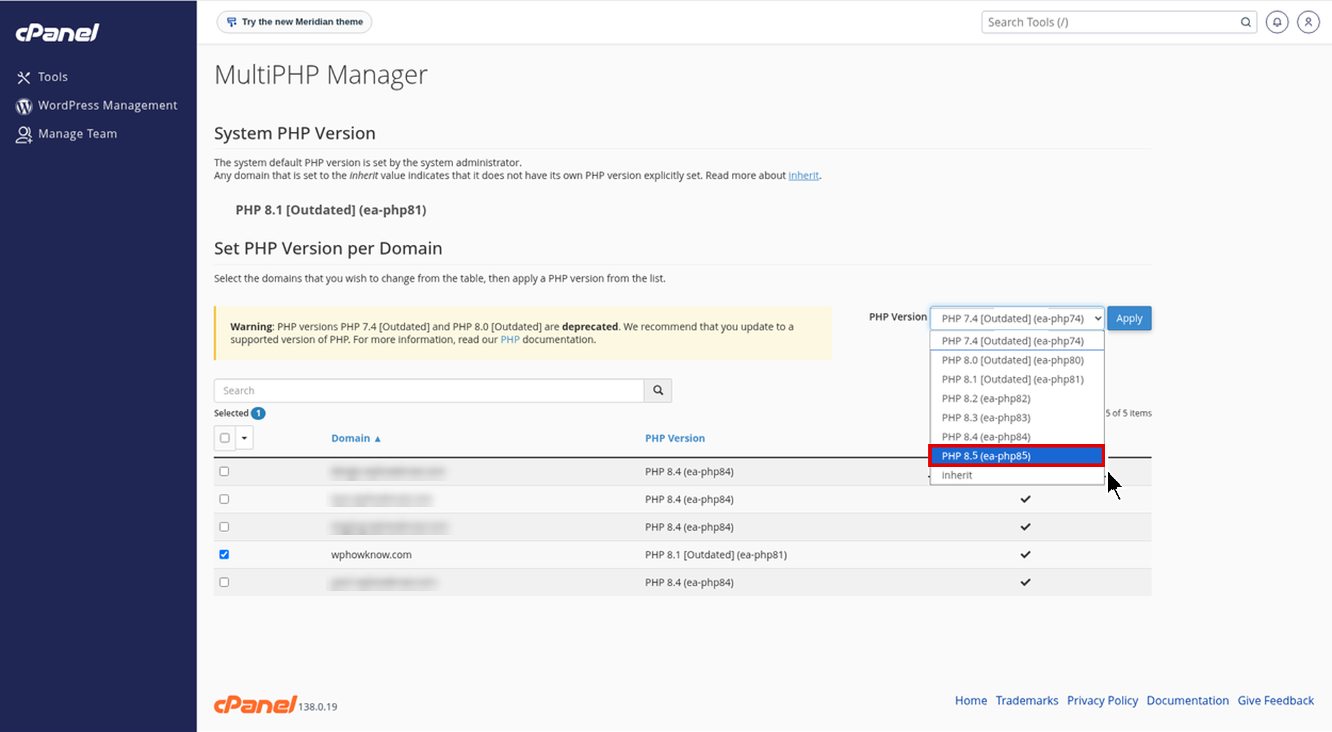 MultiPHP Manager PHP Version dropdown open with PHP 8.5 ea-php85 option highlighted