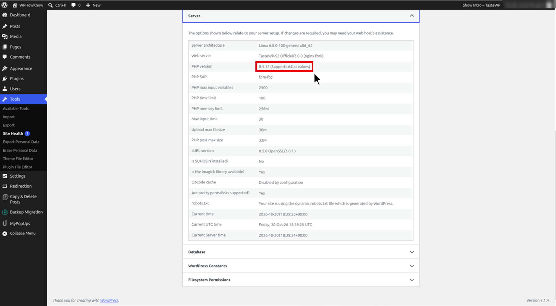 WordPress Site Health Server section showing the updated PHP version