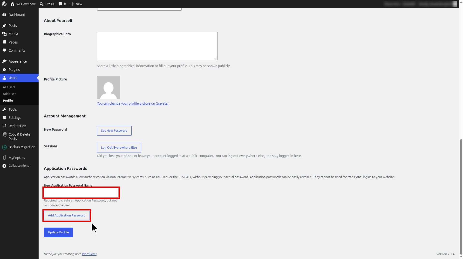 WordPress user profile Application Passwords section with name field and Add Application Password button