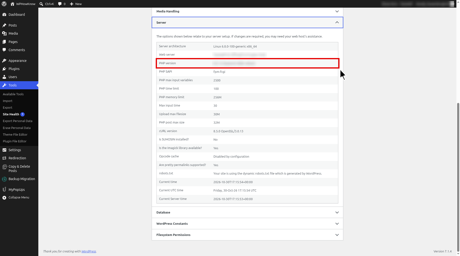 WordPress Site Health Info Server section showing the current PHP version 8.5.12