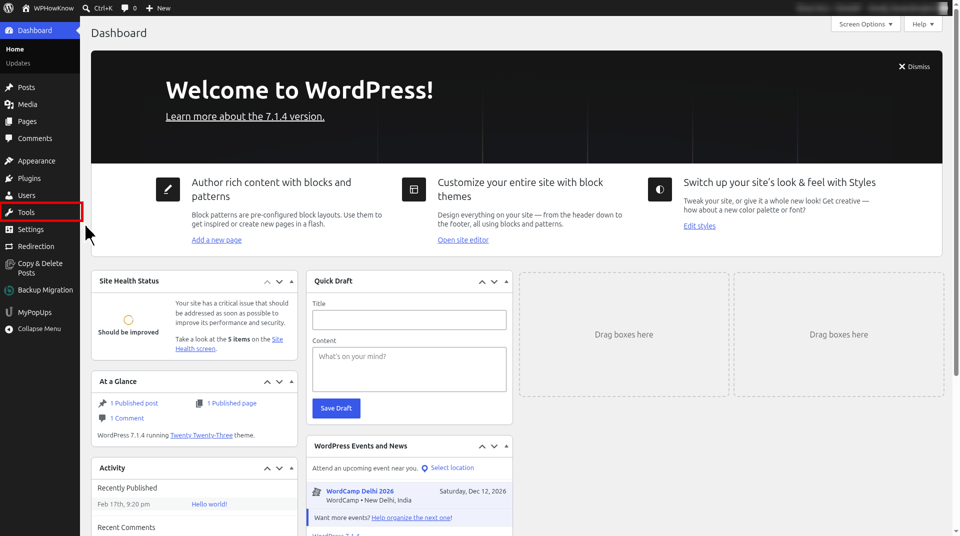 WordPress dashboard left menu with the Tools item highlighted to open Site Health