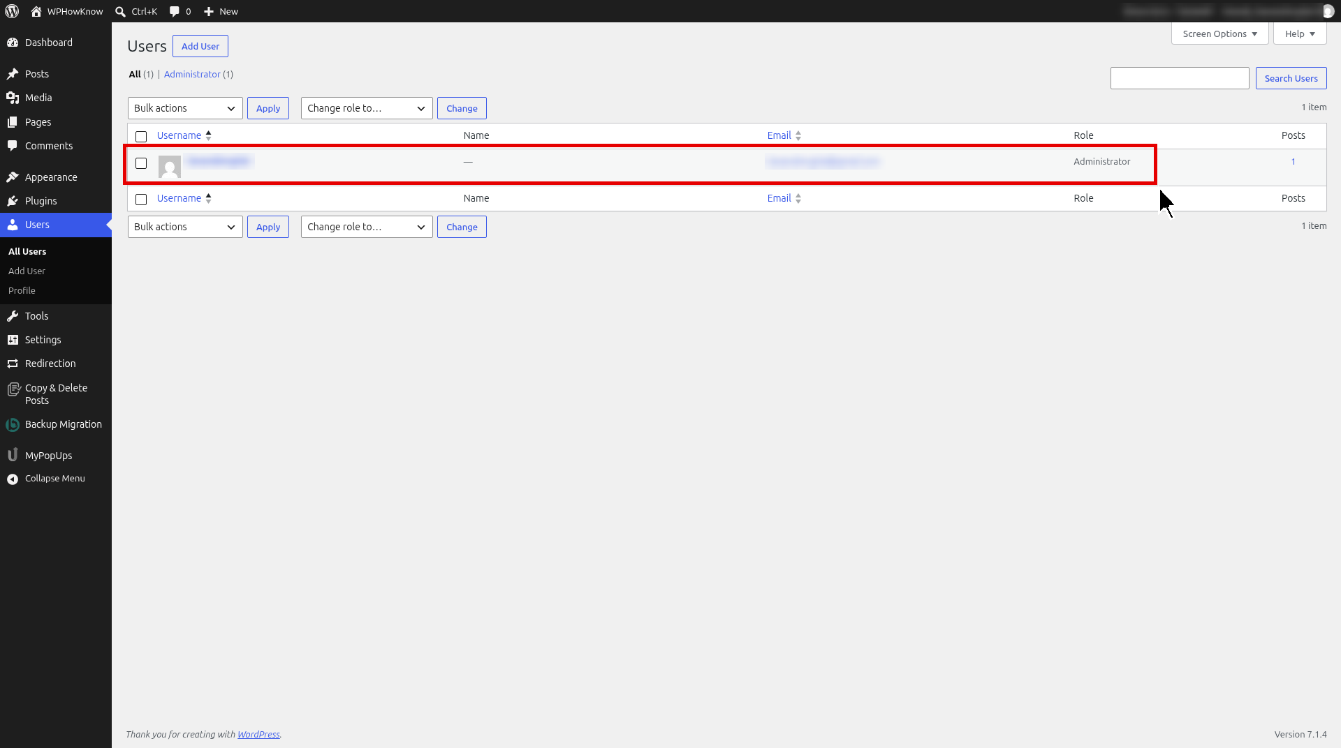 WordPress All Users list showing administrator accounts to check for unknown users